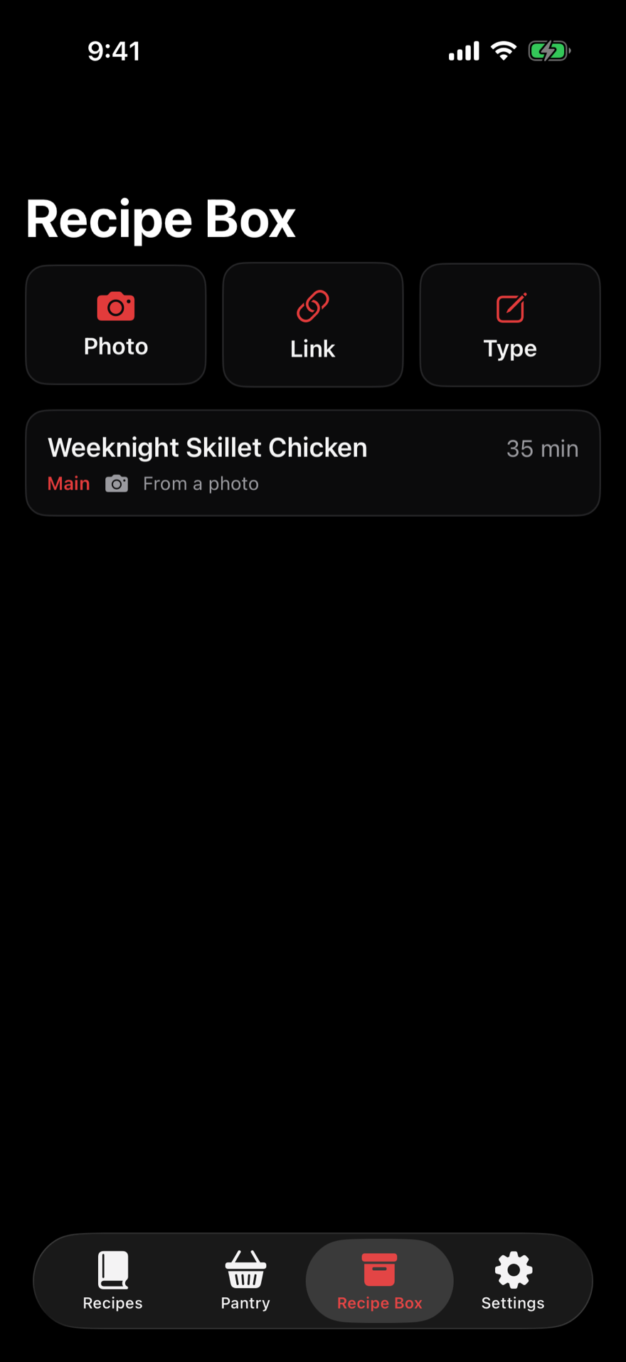 Recipe Box screen with photo, link, and type import