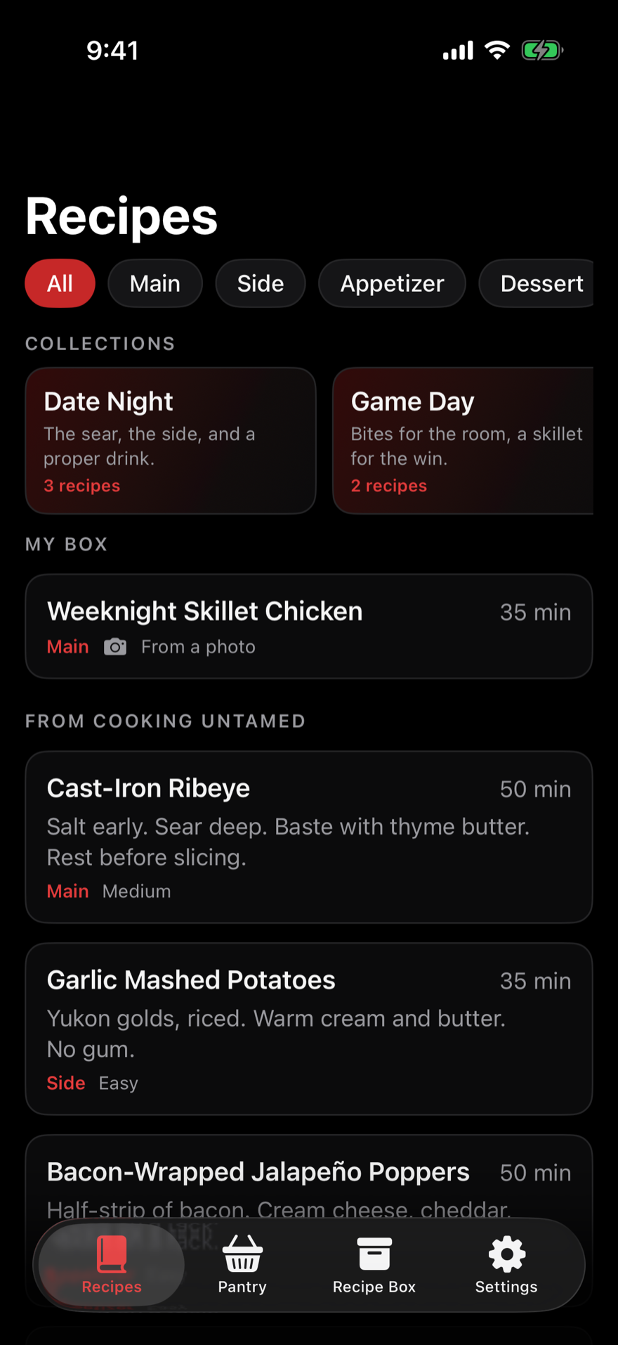 Cooking Untamed recipes screen with collections and the recipe list